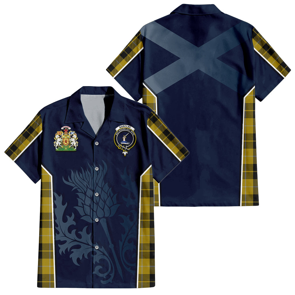 Tartan Vibes Clothing Barclay Dress Tartan Short Sleeve Button Up Shirt with Family Crest and Scottish Thistle Vibes Sport Style