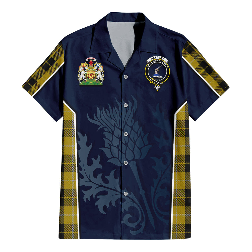 Tartan Vibes Clothing Barclay Dress Tartan Short Sleeve Button Up Shirt with Family Crest and Scottish Thistle Vibes Sport Style