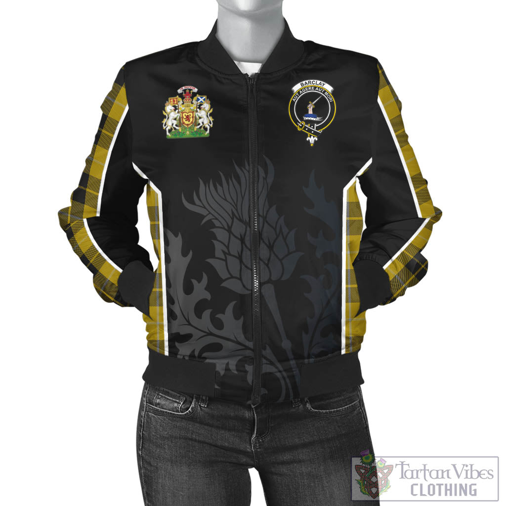 Tartan Vibes Clothing Barclay Dress Tartan Bomber Jacket with Family Crest and Scottish Thistle Vibes Sport Style