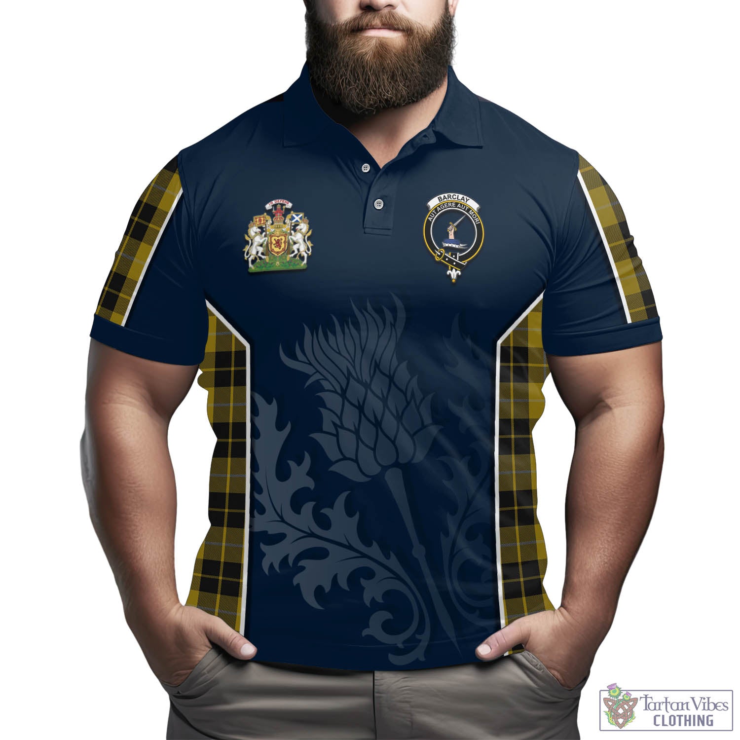 Tartan Vibes Clothing Barclay Dress Tartan Men's Polo Shirt with Family Crest and Scottish Thistle Vibes Sport Style