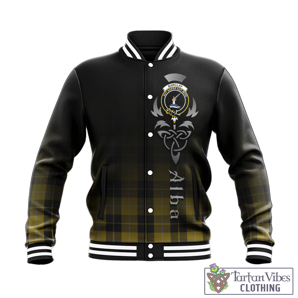 Tartan Vibes Clothing Barclay Dress Tartan Baseball Jacket Featuring Alba Gu Brath Family Crest Celtic Inspired