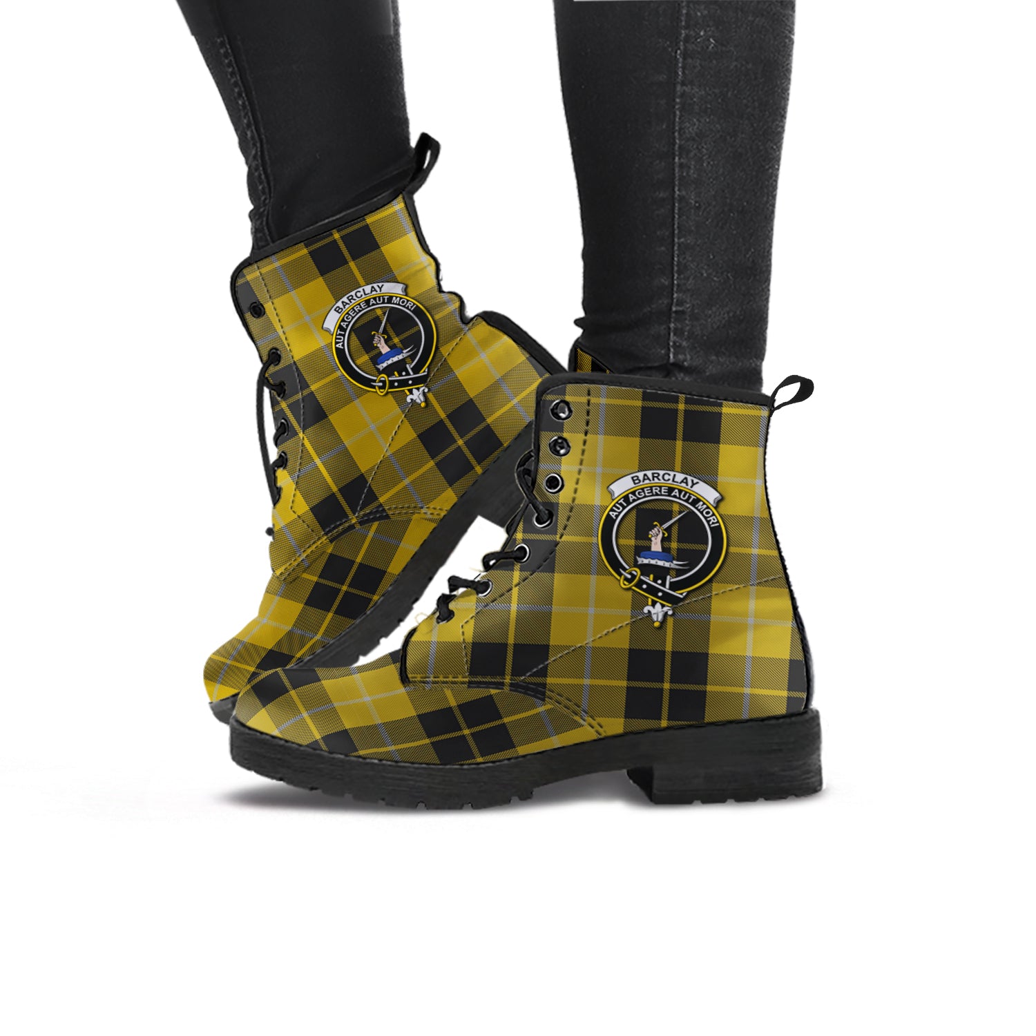 Barclay Dress Tartan Leather Boots with Family Crest - Tartanvibesclothing