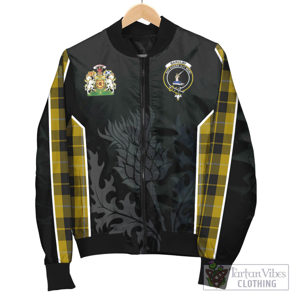 Tartan Vibes Clothing Barclay Dress Tartan Bomber Jacket with Family Crest and Scottish Thistle Vibes Sport Style