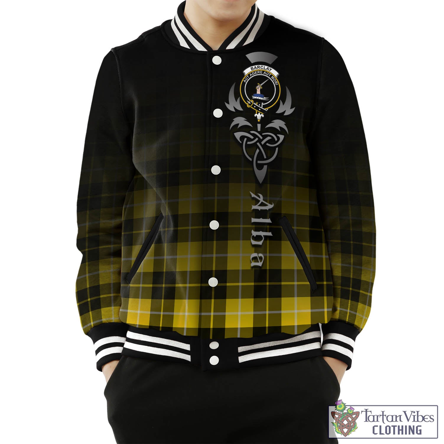 Tartan Vibes Clothing Barclay Dress Modern Tartan Baseball Jacket Featuring Alba Gu Brath Family Crest Celtic Inspired