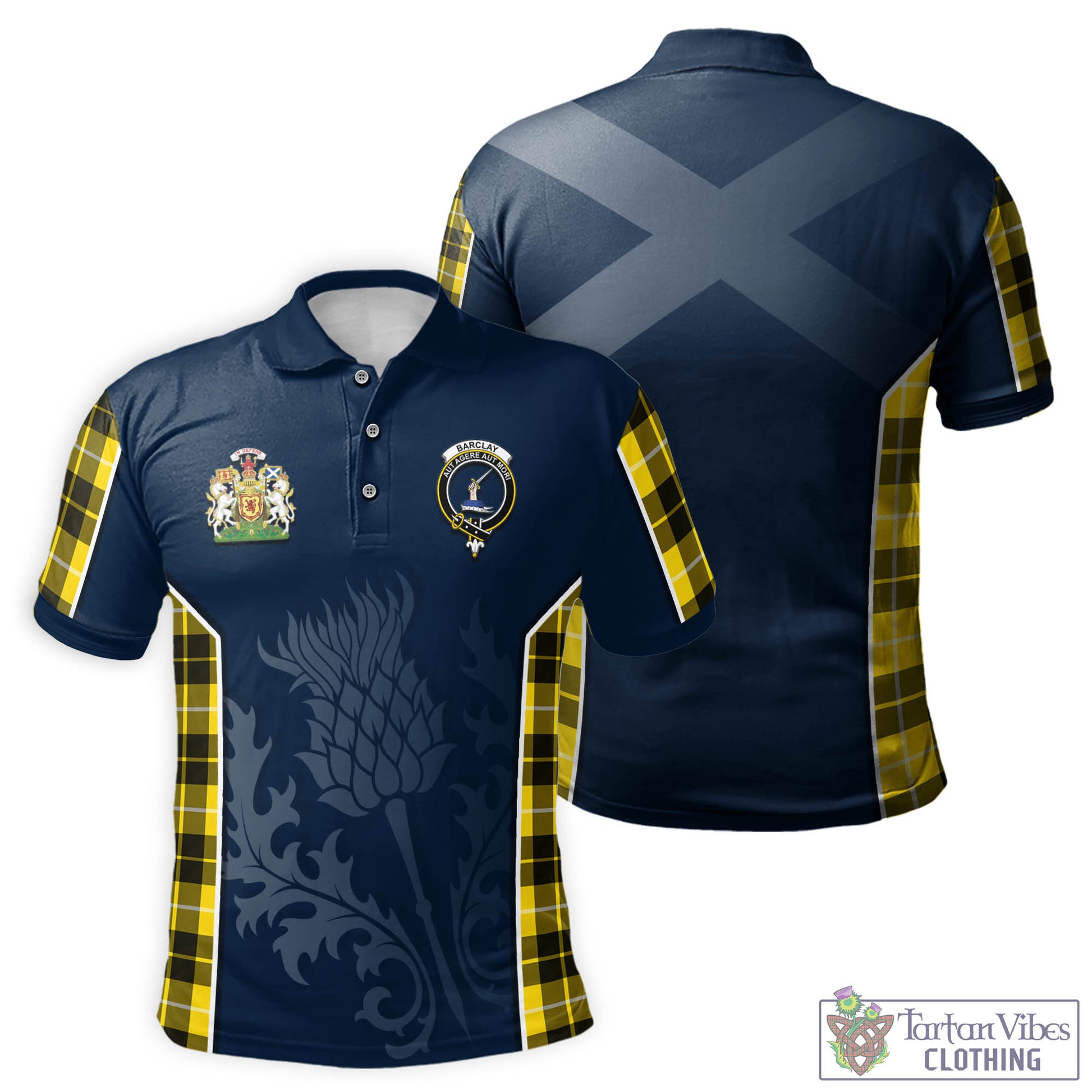 Tartan Vibes Clothing Barclay Dress Modern Tartan Men's Polo Shirt with Family Crest and Scottish Thistle Vibes Sport Style