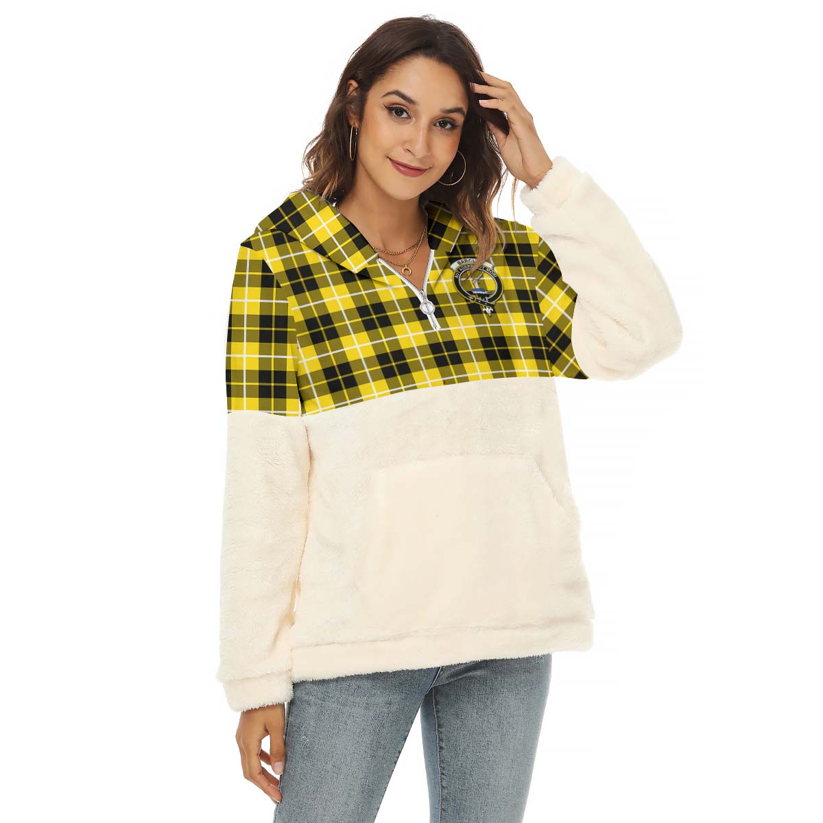 Barclay Dress Modern Tartan Women's Borg Fleece Hoodie With Half Zip with Family Crest Female - Tartan Vibes Clothing