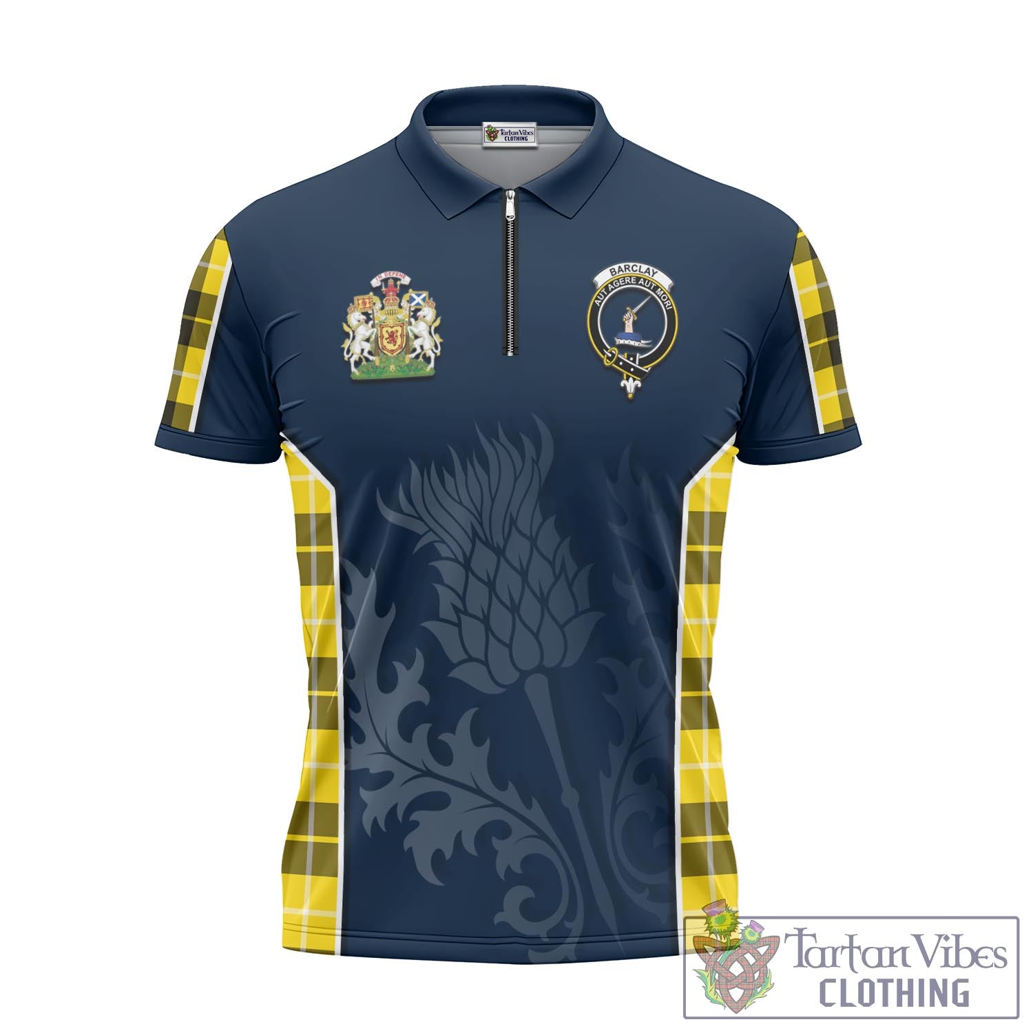 Tartan Vibes Clothing Barclay Dress Modern Tartan Zipper Polo Shirt with Family Crest and Scottish Thistle Vibes Sport Style