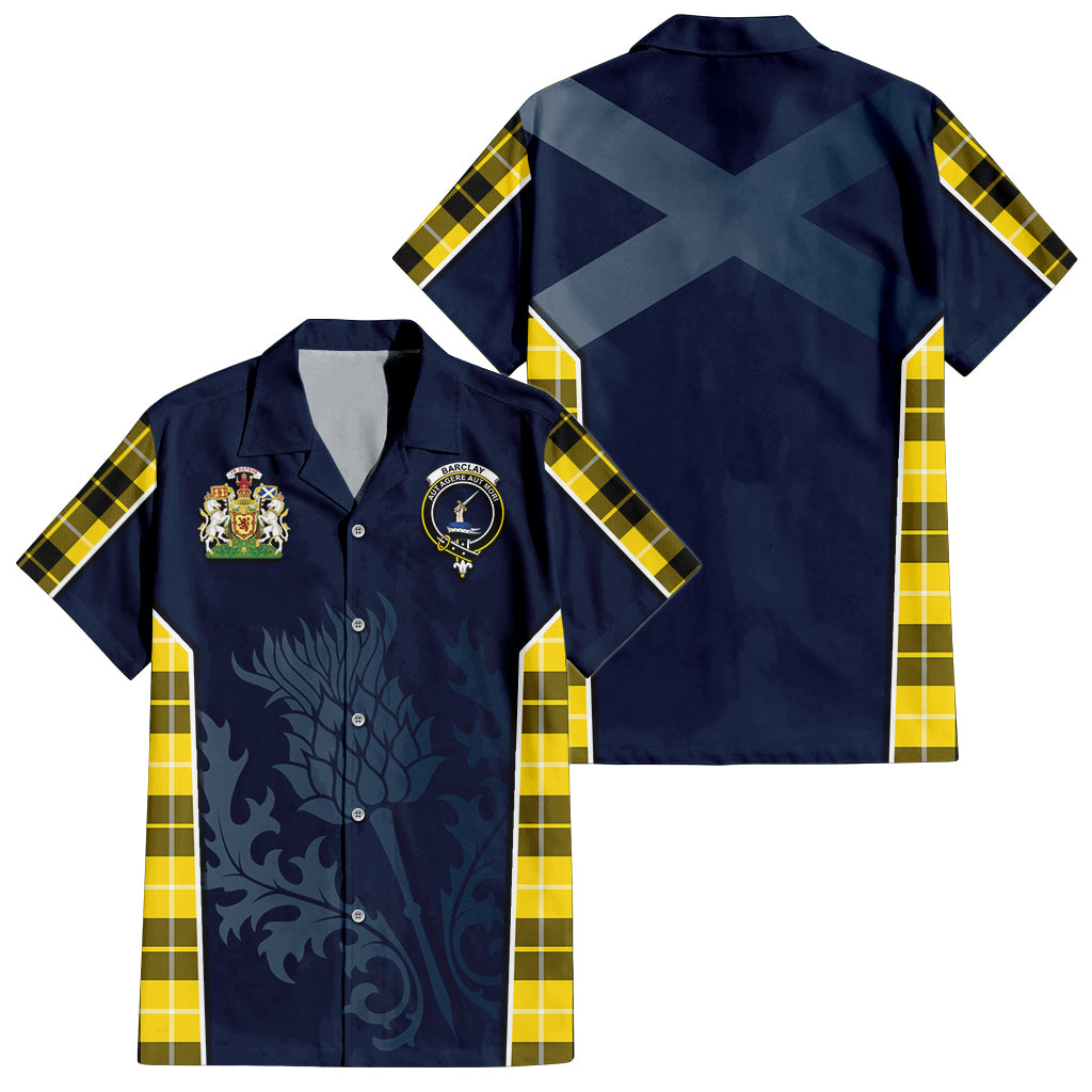 Tartan Vibes Clothing Barclay Dress Modern Tartan Short Sleeve Button Up Shirt with Family Crest and Scottish Thistle Vibes Sport Style