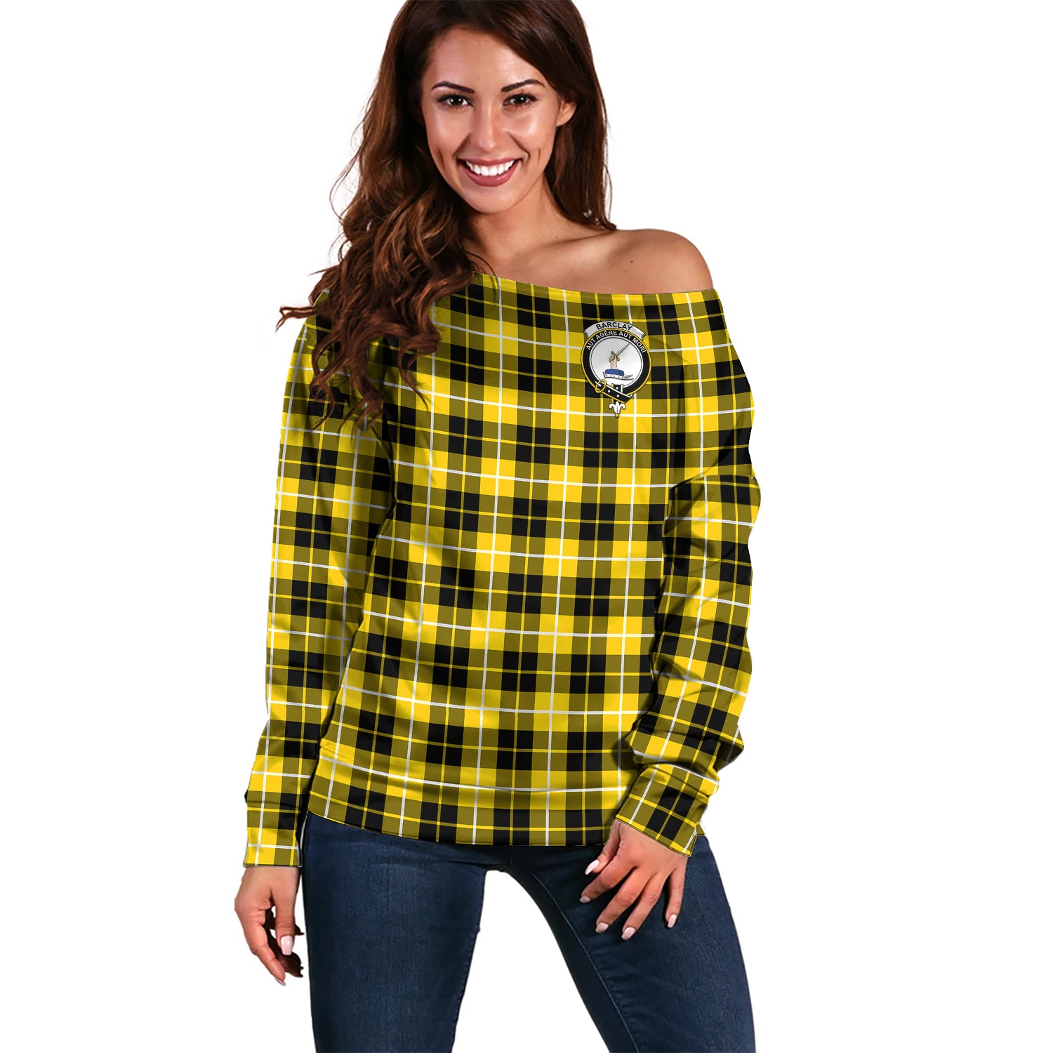 Barclay Dress Modern Tartan Off Shoulder Women Sweater with Family Crest Women - Tartanvibesclothing