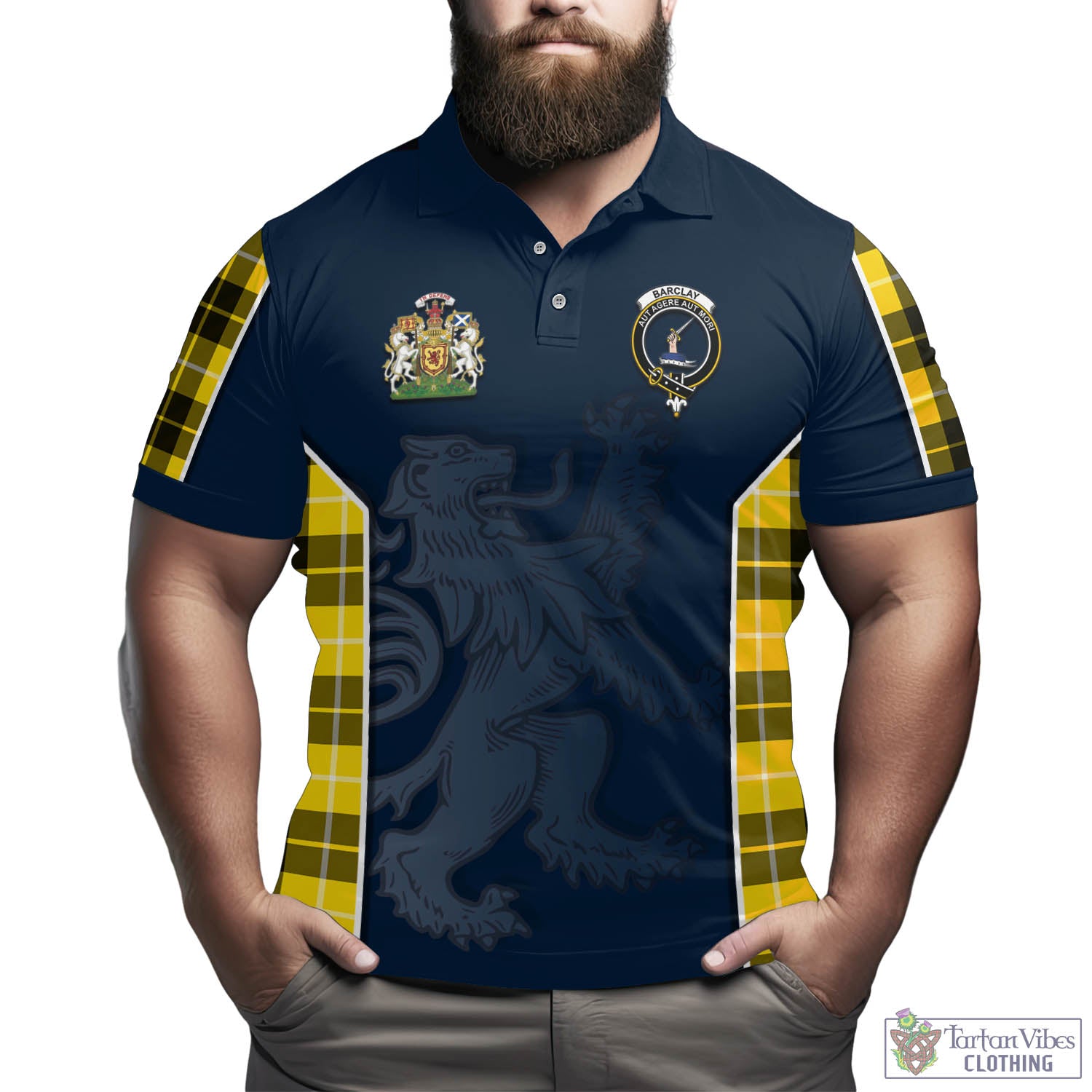 Tartan Vibes Clothing Barclay Dress Modern Tartan Men's Polo Shirt with Family Crest and Lion Rampant Vibes Sport Style