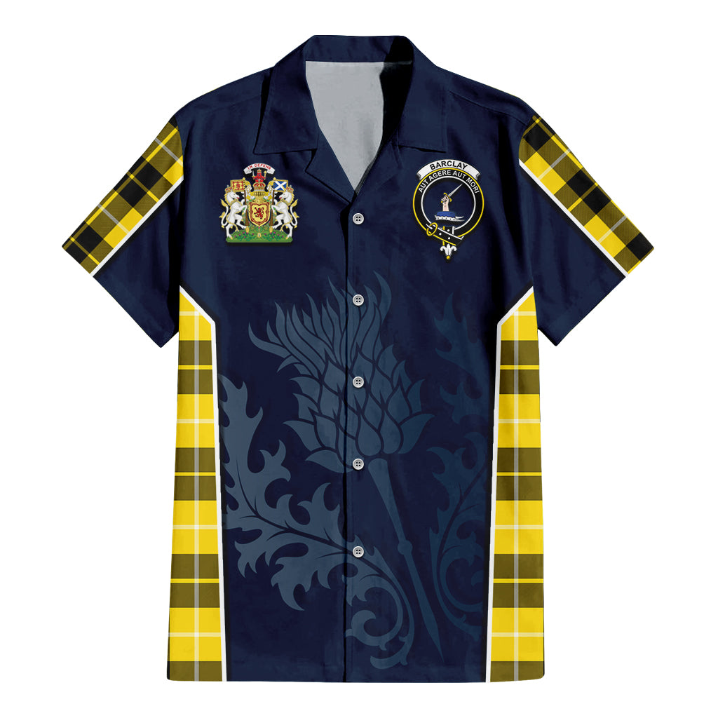 Tartan Vibes Clothing Barclay Dress Modern Tartan Short Sleeve Button Up Shirt with Family Crest and Scottish Thistle Vibes Sport Style