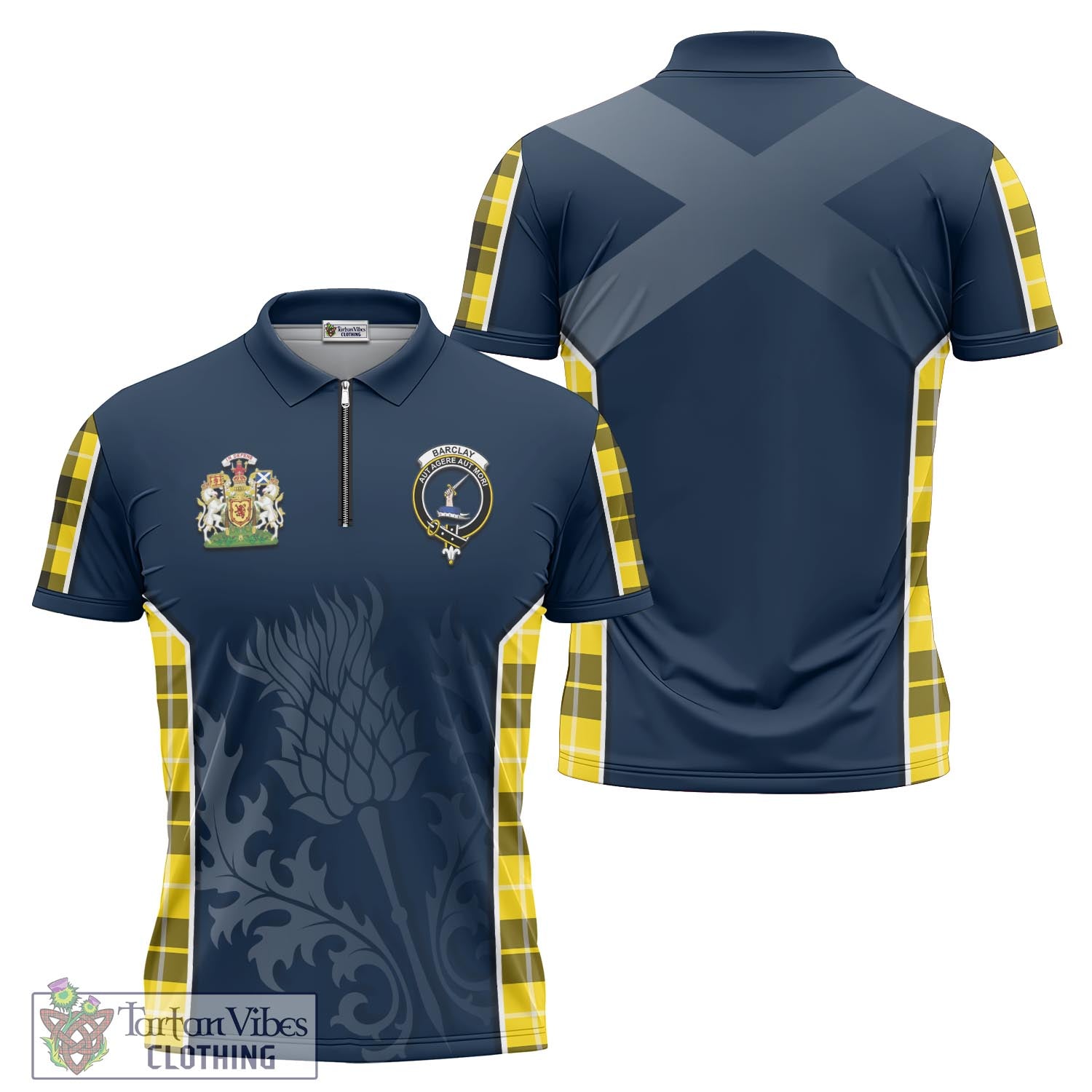 Tartan Vibes Clothing Barclay Dress Modern Tartan Zipper Polo Shirt with Family Crest and Scottish Thistle Vibes Sport Style