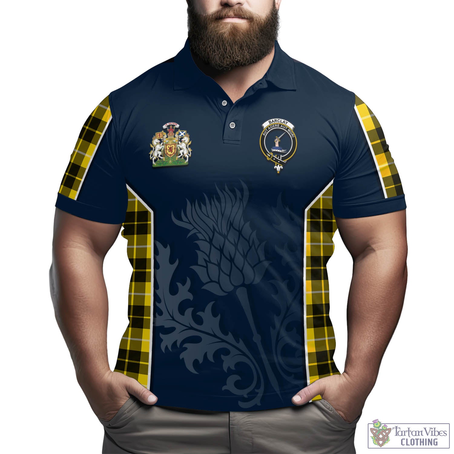 Tartan Vibes Clothing Barclay Dress Modern Tartan Men's Polo Shirt with Family Crest and Scottish Thistle Vibes Sport Style