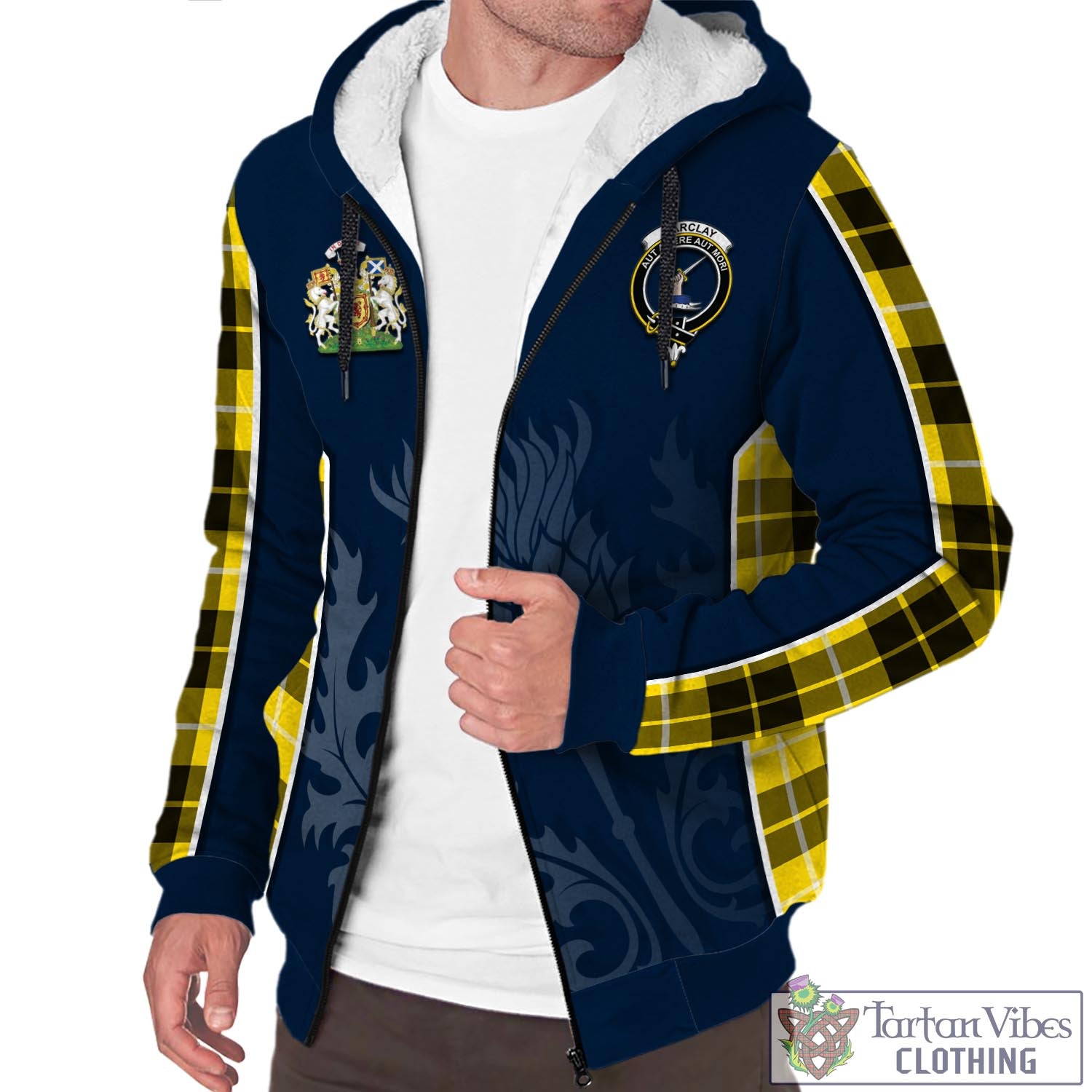 Tartan Vibes Clothing Barclay Dress Modern Tartan Sherpa Hoodie with Family Crest and Scottish Thistle Vibes Sport Style