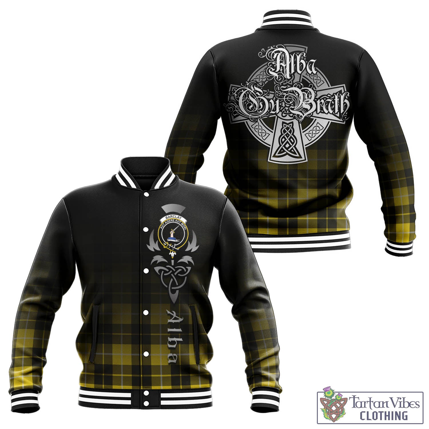 Tartan Vibes Clothing Barclay Dress Modern Tartan Baseball Jacket Featuring Alba Gu Brath Family Crest Celtic Inspired