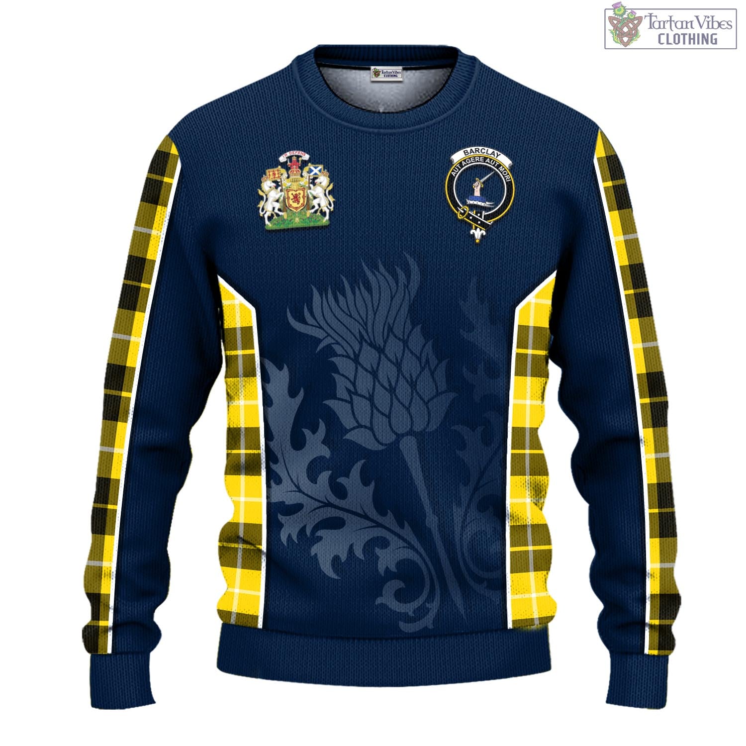 Tartan Vibes Clothing Barclay Dress Modern Tartan Knitted Sweatshirt with Family Crest and Scottish Thistle Vibes Sport Style