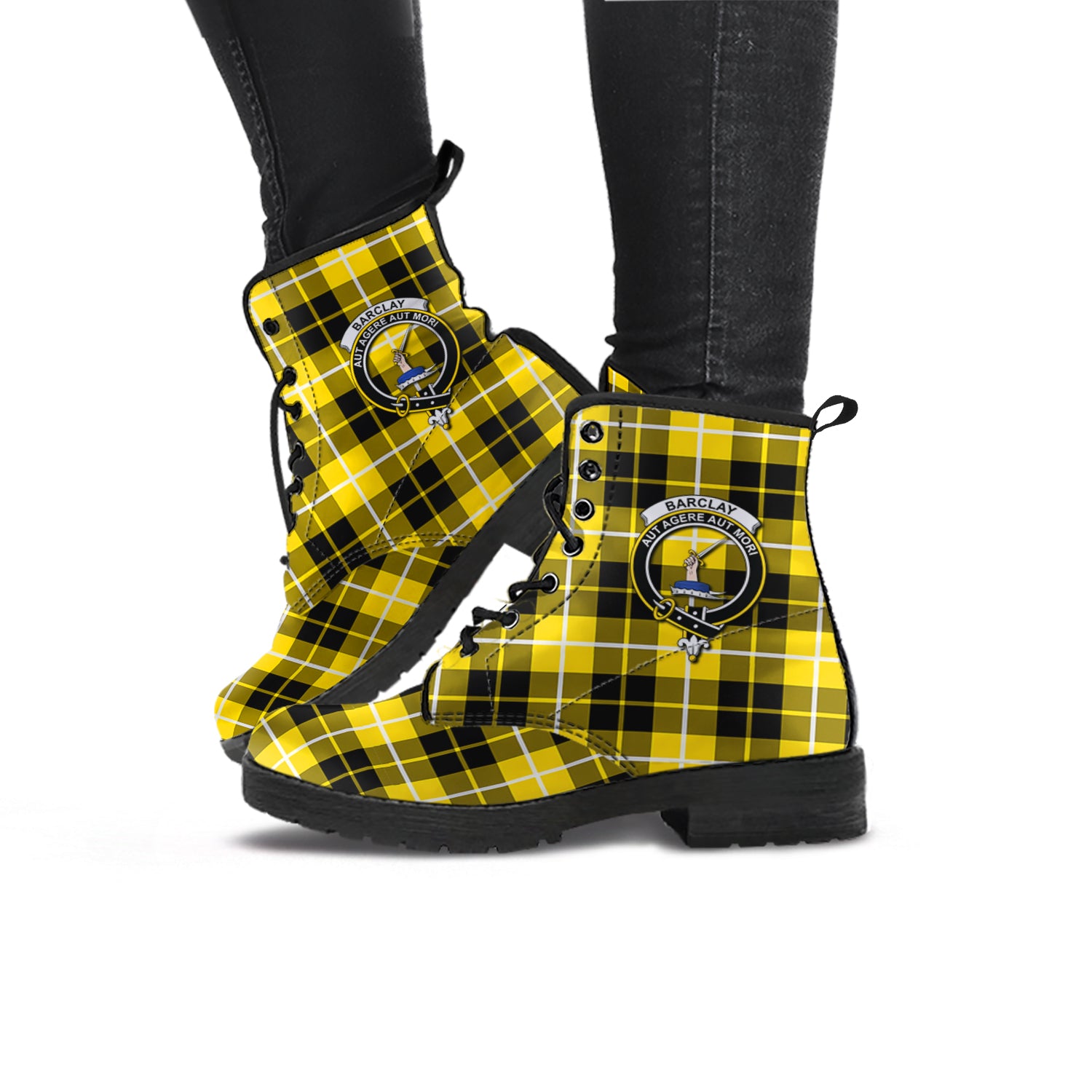 Barclay Dress Modern Tartan Leather Boots with Family Crest - Tartanvibesclothing