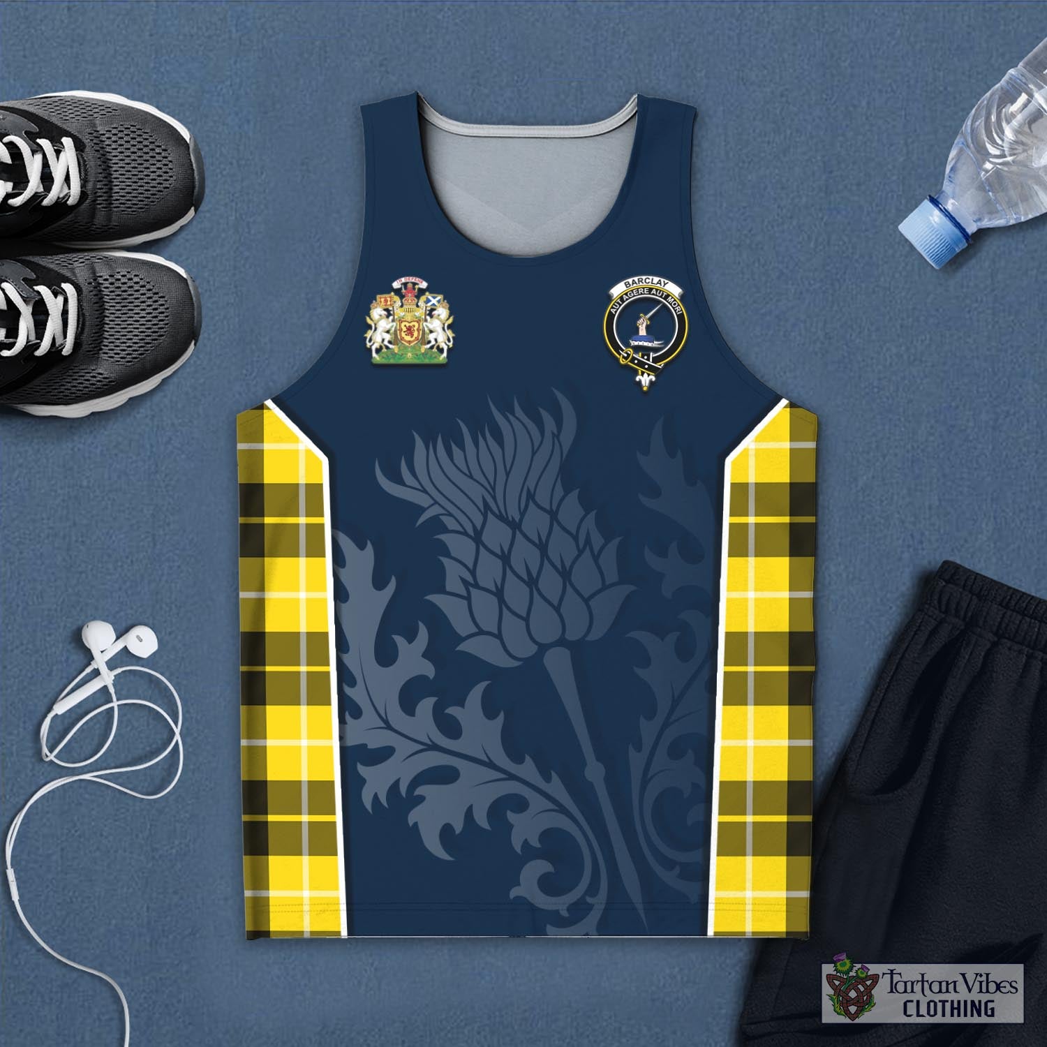 Tartan Vibes Clothing Barclay Dress Modern Tartan Men's Tanks Top with Family Crest and Scottish Thistle Vibes Sport Style