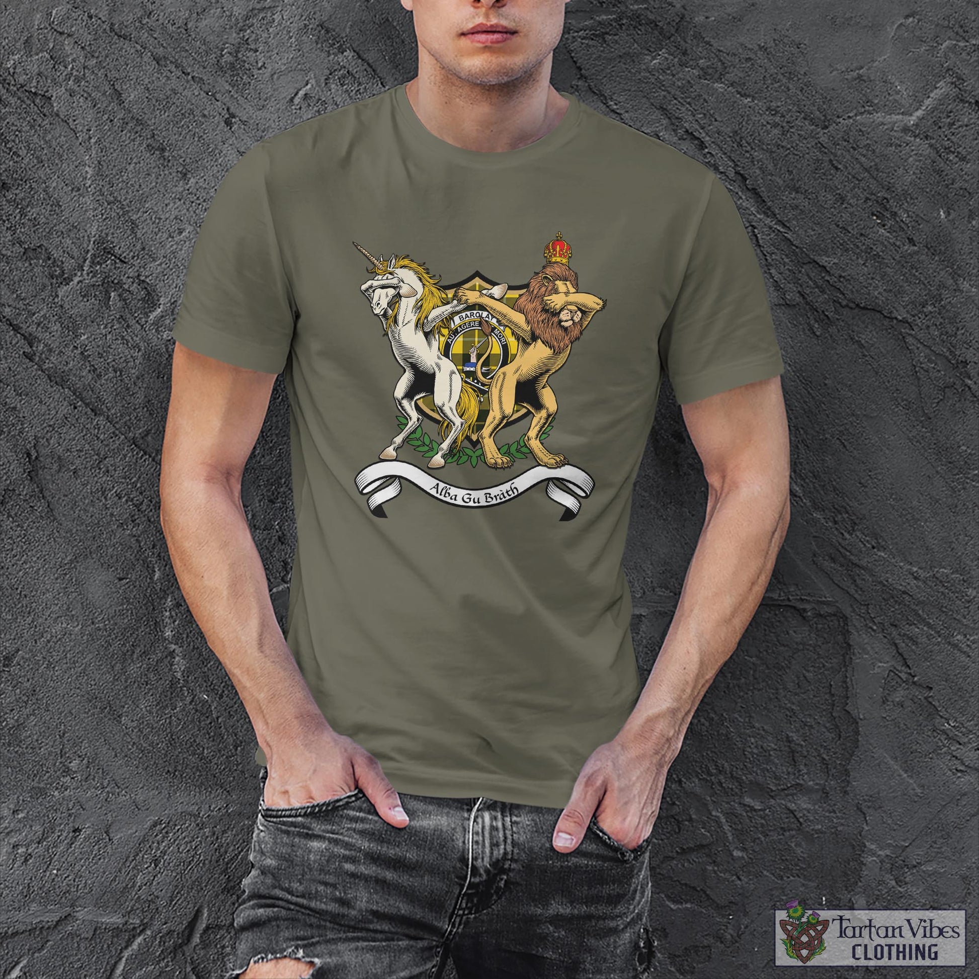 Tartan Vibes Clothing Barclay Dress Modern Family Crest Cotton Men's T-Shirt with Scotland Royal Coat Of Arm Funny Style