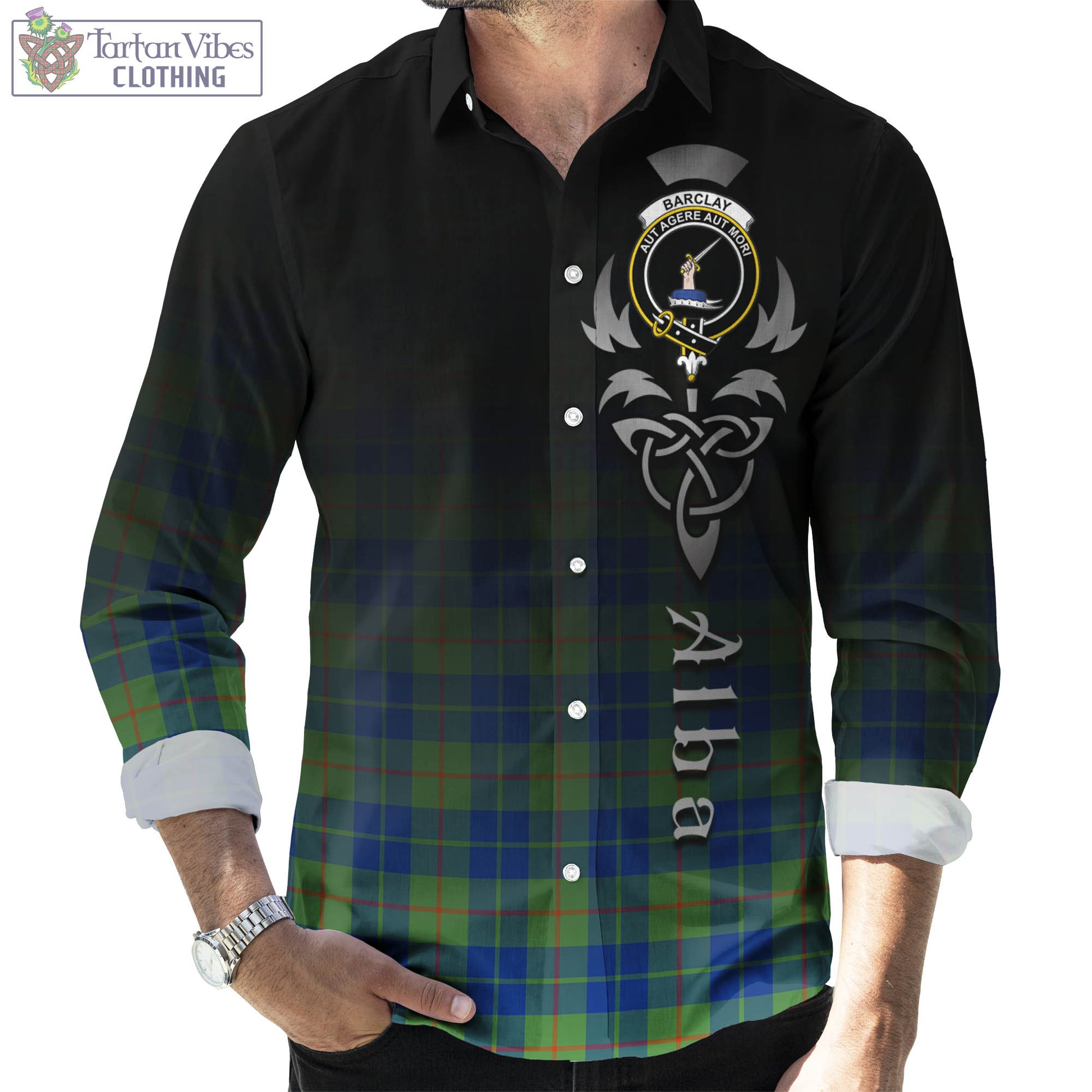 Tartan Vibes Clothing Barclay Hunting Ancient Tartan Long Sleeve Button Up Featuring Alba Gu Brath Family Crest Celtic Inspired