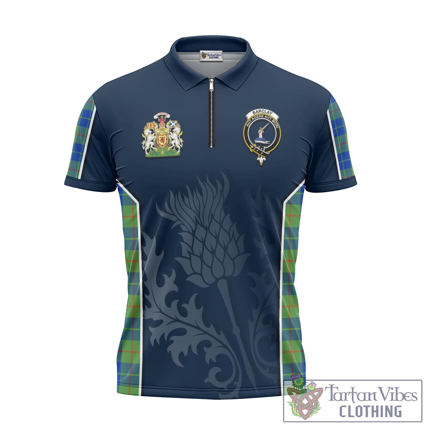 Tartan Vibes Clothing Barclay Hunting Ancient Tartan Zipper Polo Shirt with Family Crest and Scottish Thistle Vibes Sport Style