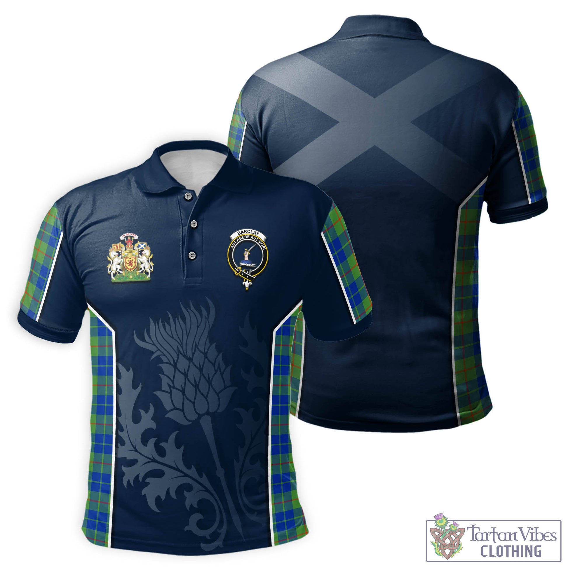 Tartan Vibes Clothing Barclay Hunting Ancient Tartan Men's Polo Shirt with Family Crest and Scottish Thistle Vibes Sport Style