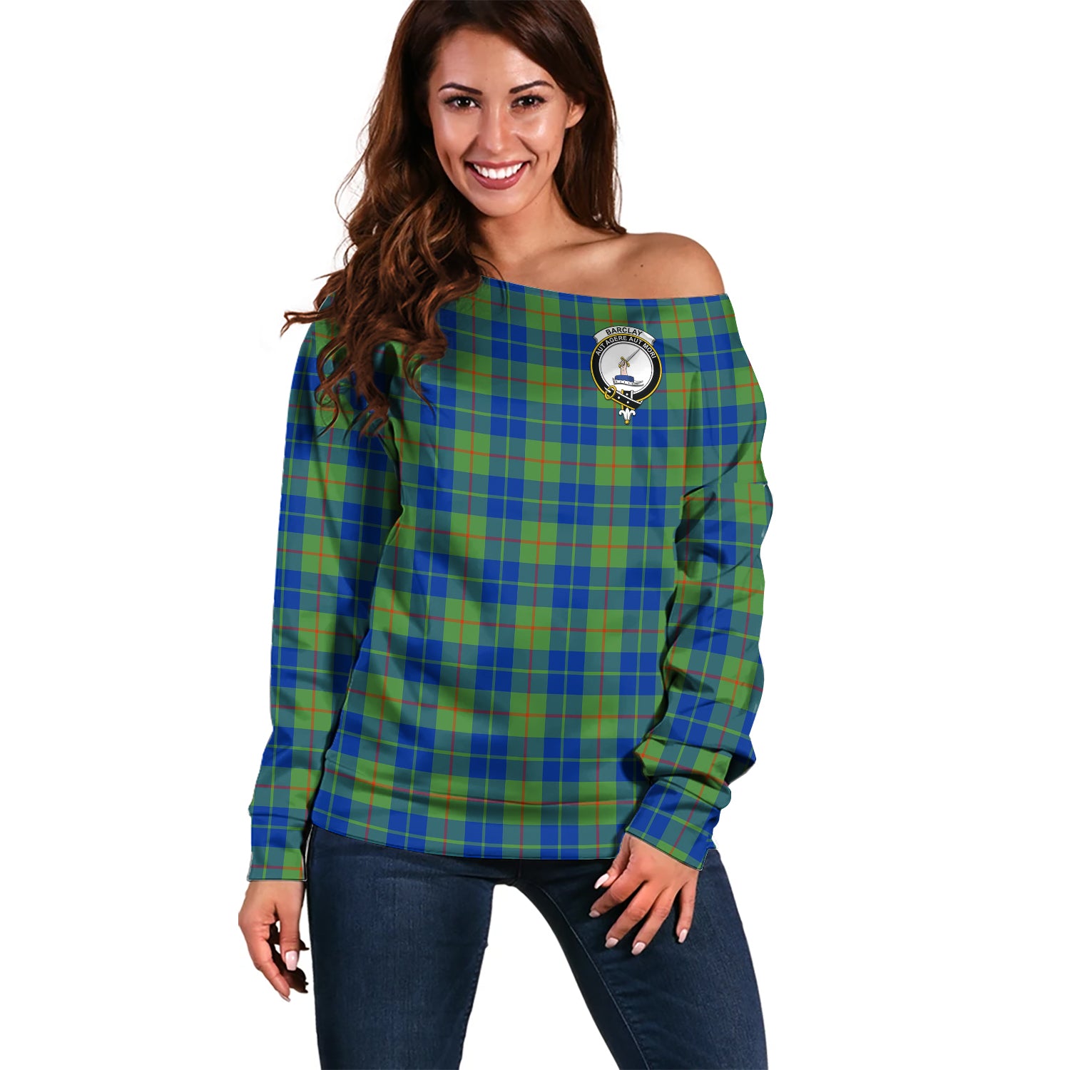 Barclay Hunting Ancient Tartan Off Shoulder Women Sweater with Family Crest Women - Tartanvibesclothing