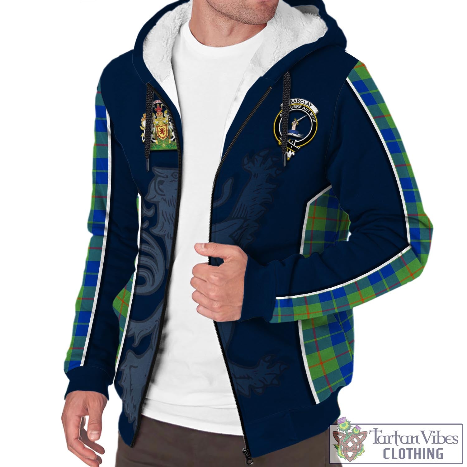 Tartan Vibes Clothing Barclay Hunting Ancient Tartan Sherpa Hoodie with Family Crest and Lion Rampant Vibes Sport Style