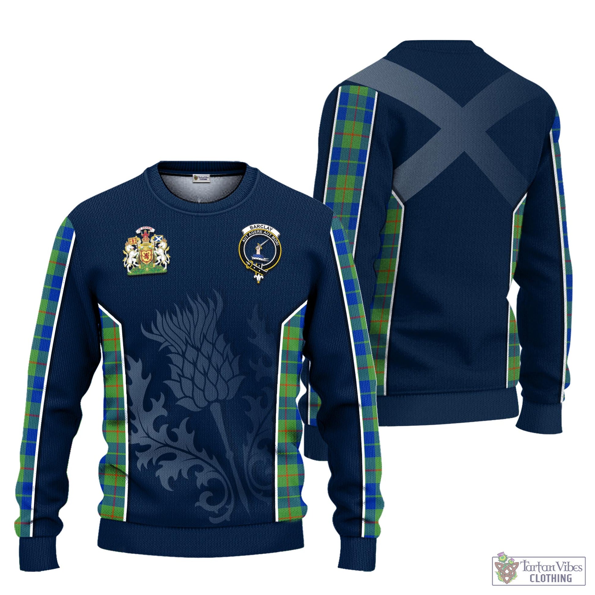 Tartan Vibes Clothing Barclay Hunting Ancient Tartan Knitted Sweatshirt with Family Crest and Scottish Thistle Vibes Sport Style