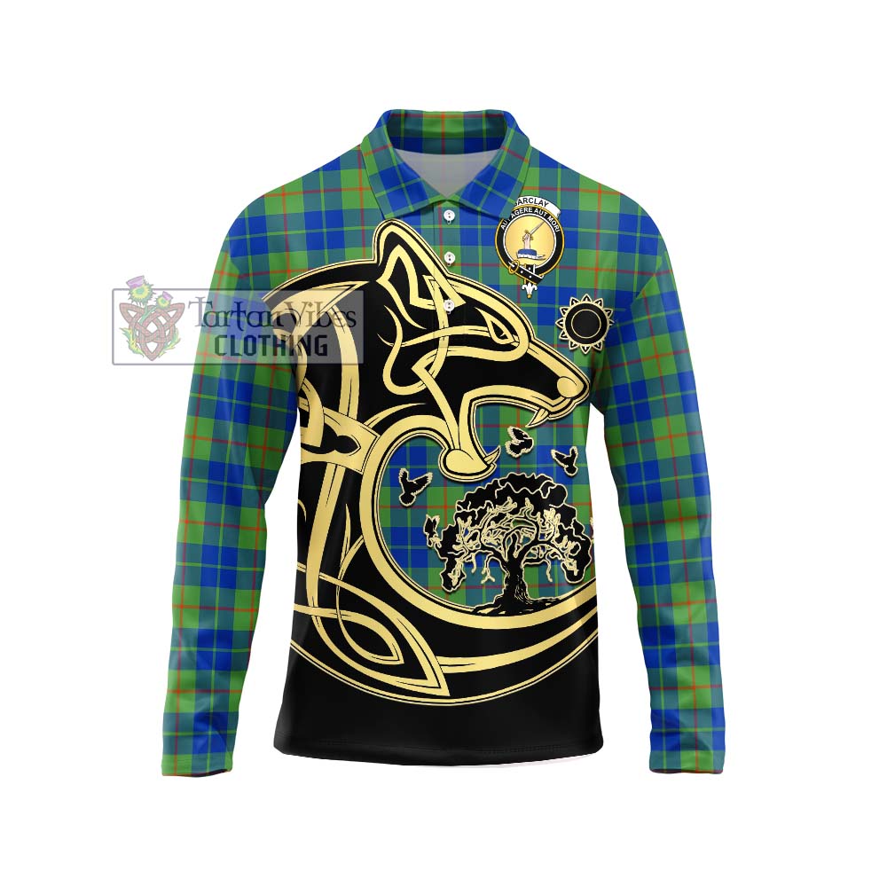 Barclay Hunting Ancient Tartan Long Sleeve Polo Shirt with Family Crest Celtic Wolf Style Unisex - Tartanvibesclothing Shop