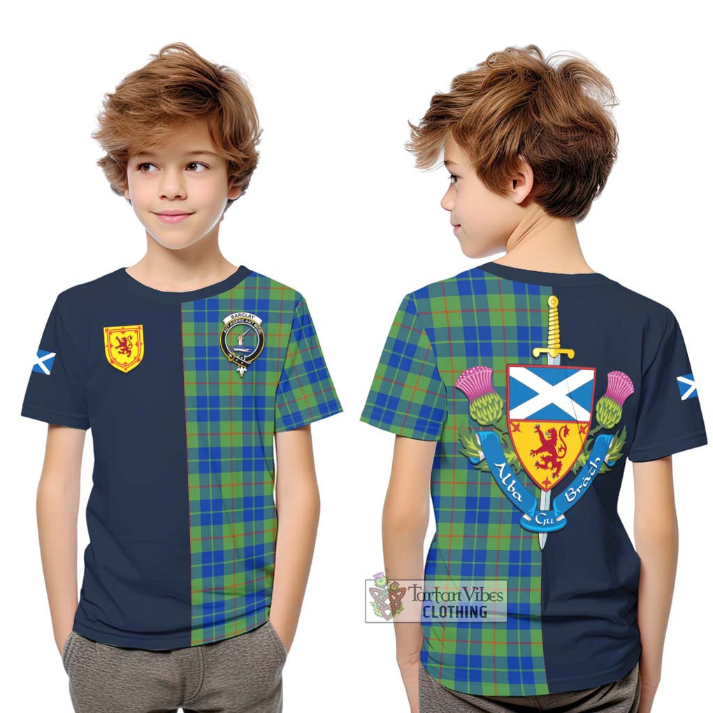 Tartan Vibes Clothing Barclay Hunting Ancient Tartan Kid T-Shirt with Scottish Lion Royal Arm Half Style