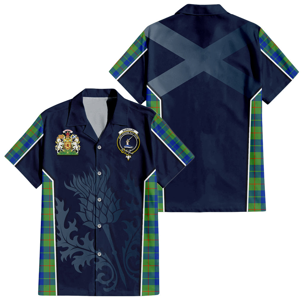 Tartan Vibes Clothing Barclay Hunting Ancient Tartan Short Sleeve Button Up Shirt with Family Crest and Scottish Thistle Vibes Sport Style