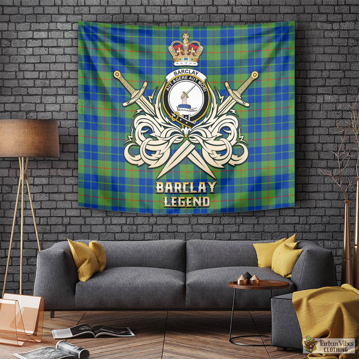 Tartan Vibes Clothing Barclay Hunting Ancient Tartan Tapestry with Clan Crest and the Golden Sword of Courageous Legacy