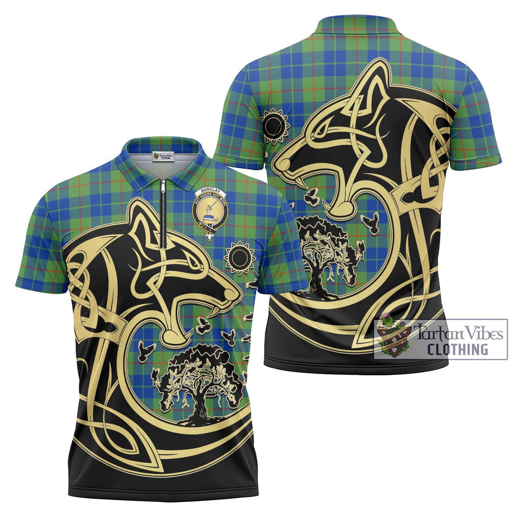 Barclay Hunting Ancient Tartan Zipper Polo Shirt with Family Crest Celtic Wolf Style Unisex - Tartanvibesclothing Shop