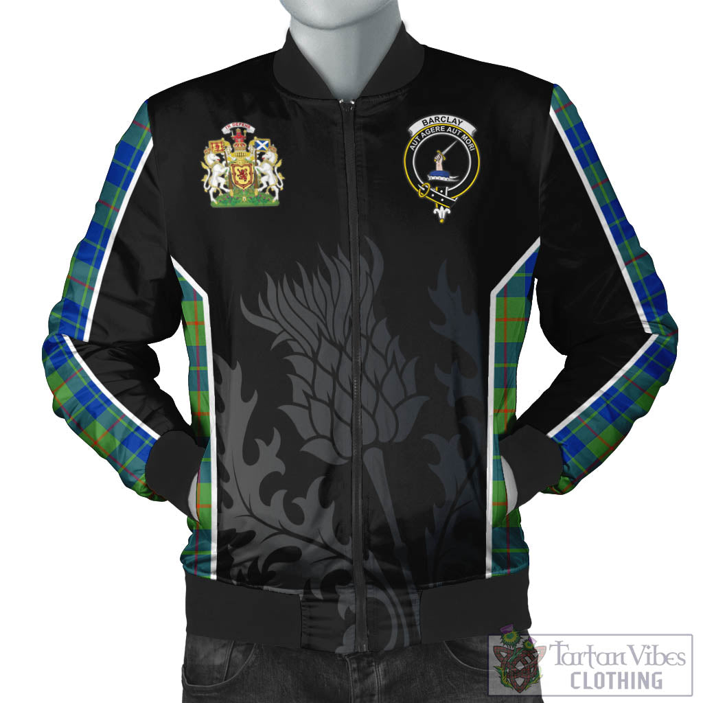 Tartan Vibes Clothing Barclay Hunting Ancient Tartan Bomber Jacket with Family Crest and Scottish Thistle Vibes Sport Style