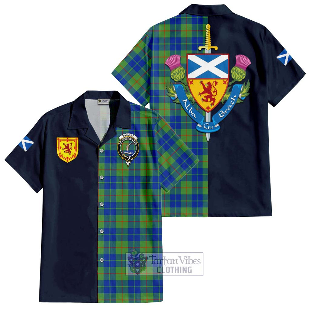 Tartan Vibes Clothing Barclay Hunting Ancient Tartan Short Sleeve Button Shirt with Scottish Lion Royal Arm Half Style