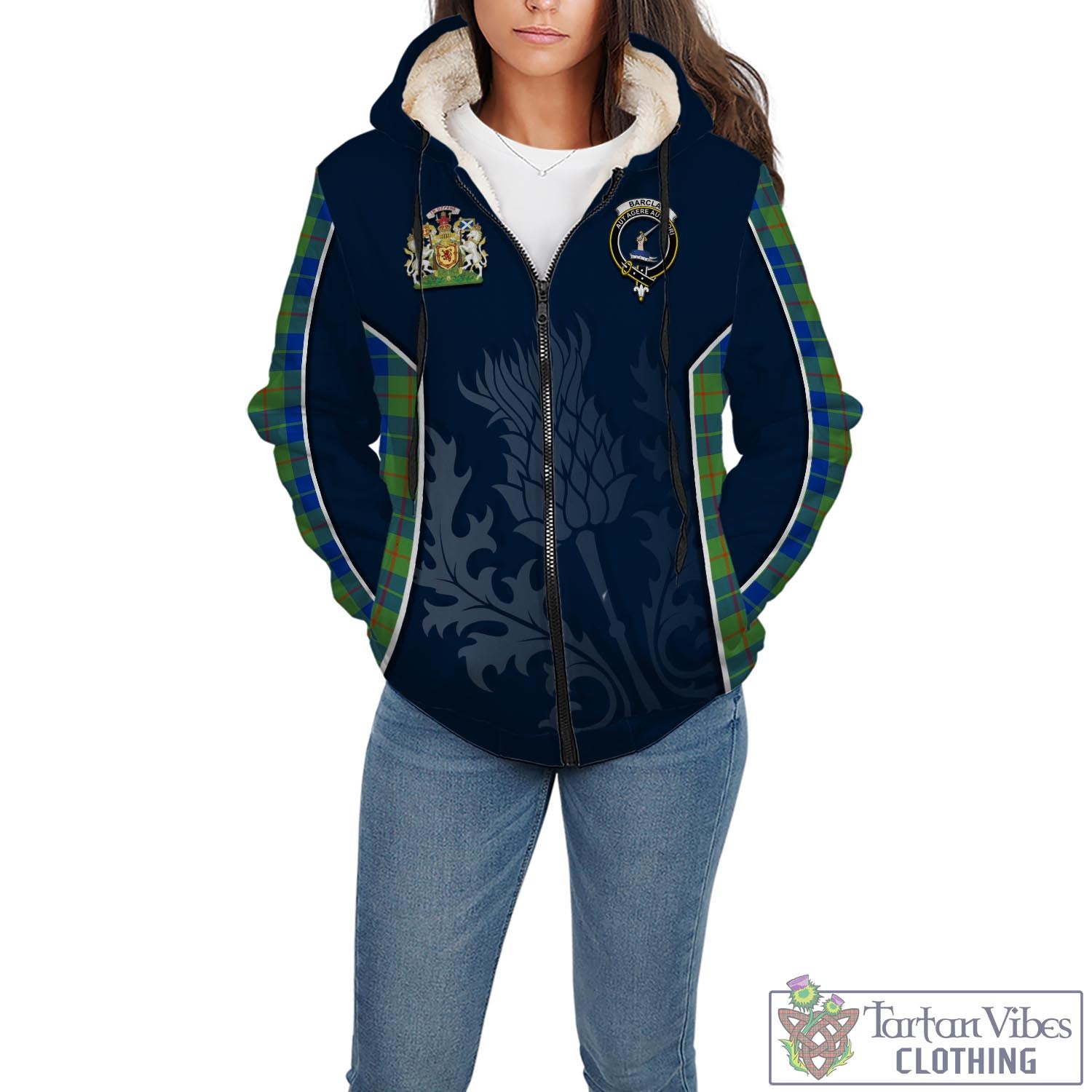 Tartan Vibes Clothing Barclay Hunting Ancient Tartan Sherpa Hoodie with Family Crest and Scottish Thistle Vibes Sport Style