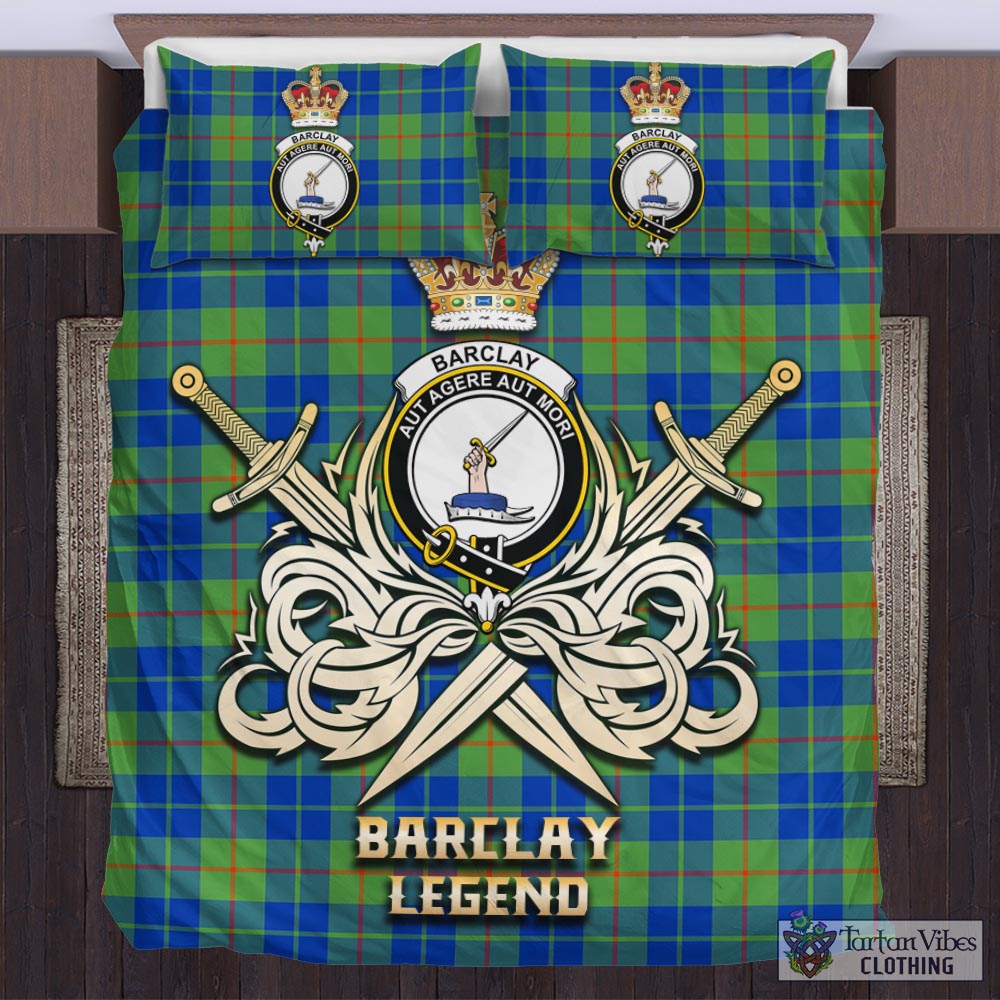 Tartan Vibes Clothing Barclay Hunting Ancient Tartan Bedding Set with Clan Crest and the Golden Sword of Courageous Legacy