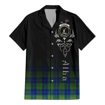 Barclay Hunting Ancient Tartan Short Sleeve Button Up Shirt Featuring Alba Gu Brath Family Crest Celtic Inspired