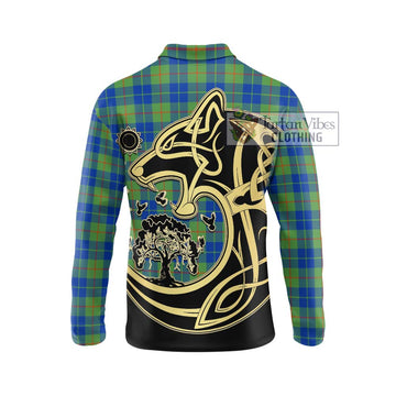 Barclay Hunting Ancient Tartan Long Sleeve Polo Shirt with Family Crest Celtic Wolf Style