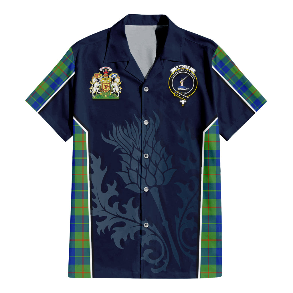 Tartan Vibes Clothing Barclay Hunting Ancient Tartan Short Sleeve Button Up Shirt with Family Crest and Scottish Thistle Vibes Sport Style