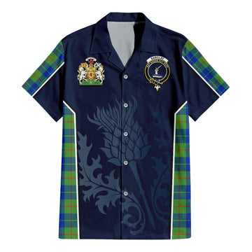 Barclay Hunting Ancient Tartan Short Sleeve Button Up Shirt with Family Crest and Scottish Thistle Vibes Sport Style