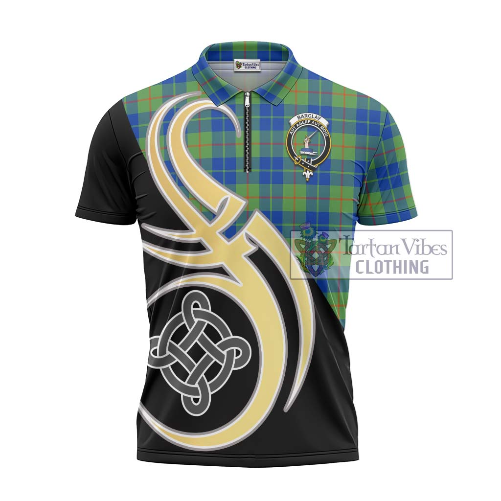 Tartan Vibes Clothing Barclay Hunting Ancient Tartan Zipper Polo Shirt with Family Crest and Celtic Symbol Style