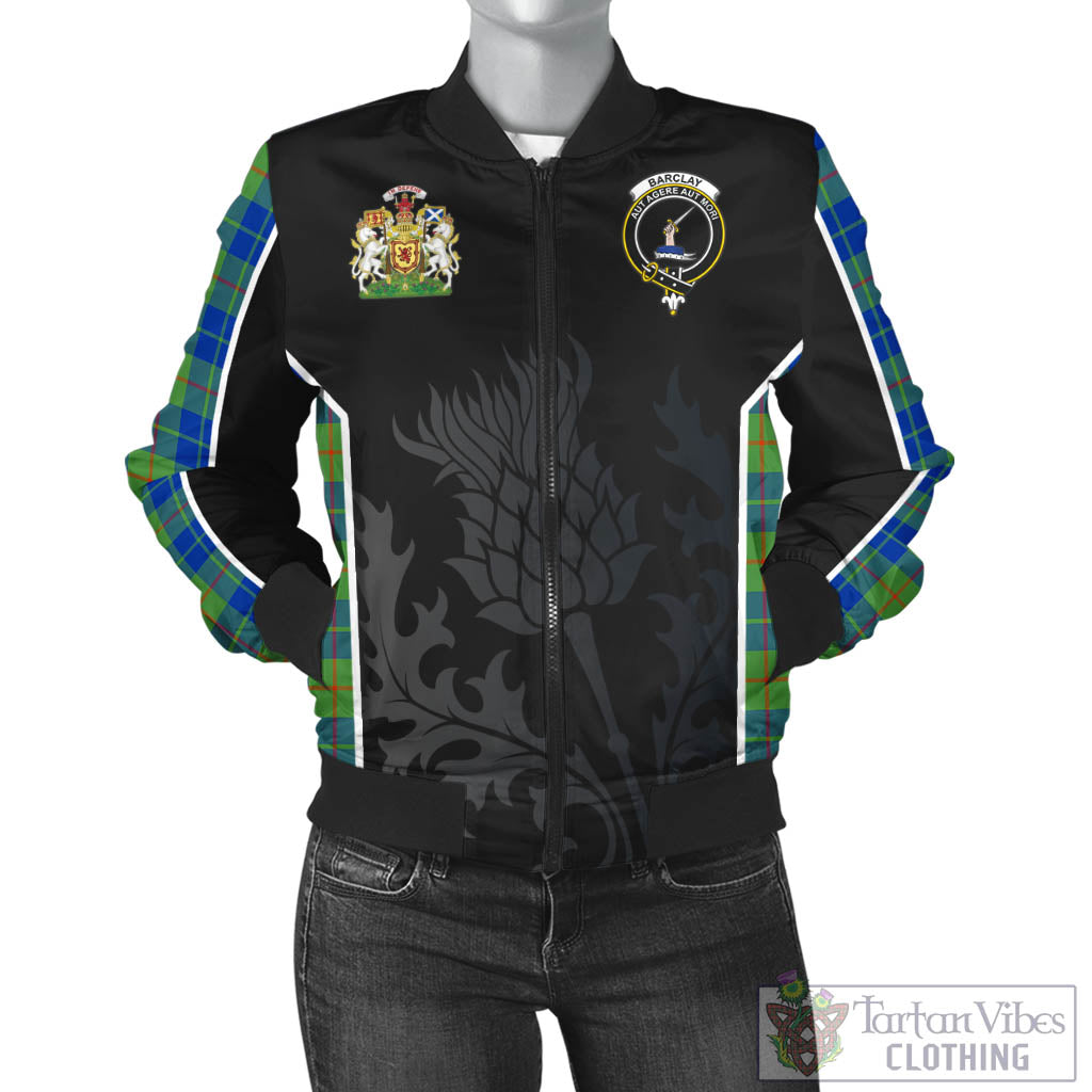 Tartan Vibes Clothing Barclay Hunting Ancient Tartan Bomber Jacket with Family Crest and Scottish Thistle Vibes Sport Style