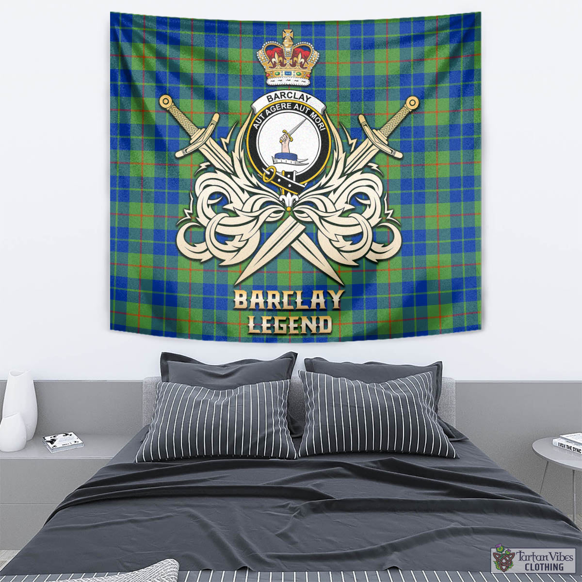 Tartan Vibes Clothing Barclay Hunting Ancient Tartan Tapestry with Clan Crest and the Golden Sword of Courageous Legacy