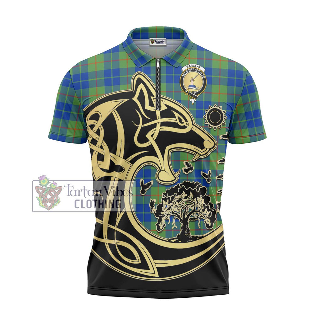 Barclay Hunting Ancient Tartan Zipper Polo Shirt with Family Crest Celtic Wolf Style - Tartanvibesclothing Shop