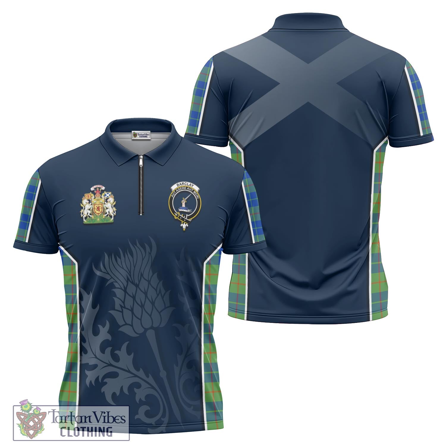 Tartan Vibes Clothing Barclay Hunting Ancient Tartan Zipper Polo Shirt with Family Crest and Scottish Thistle Vibes Sport Style