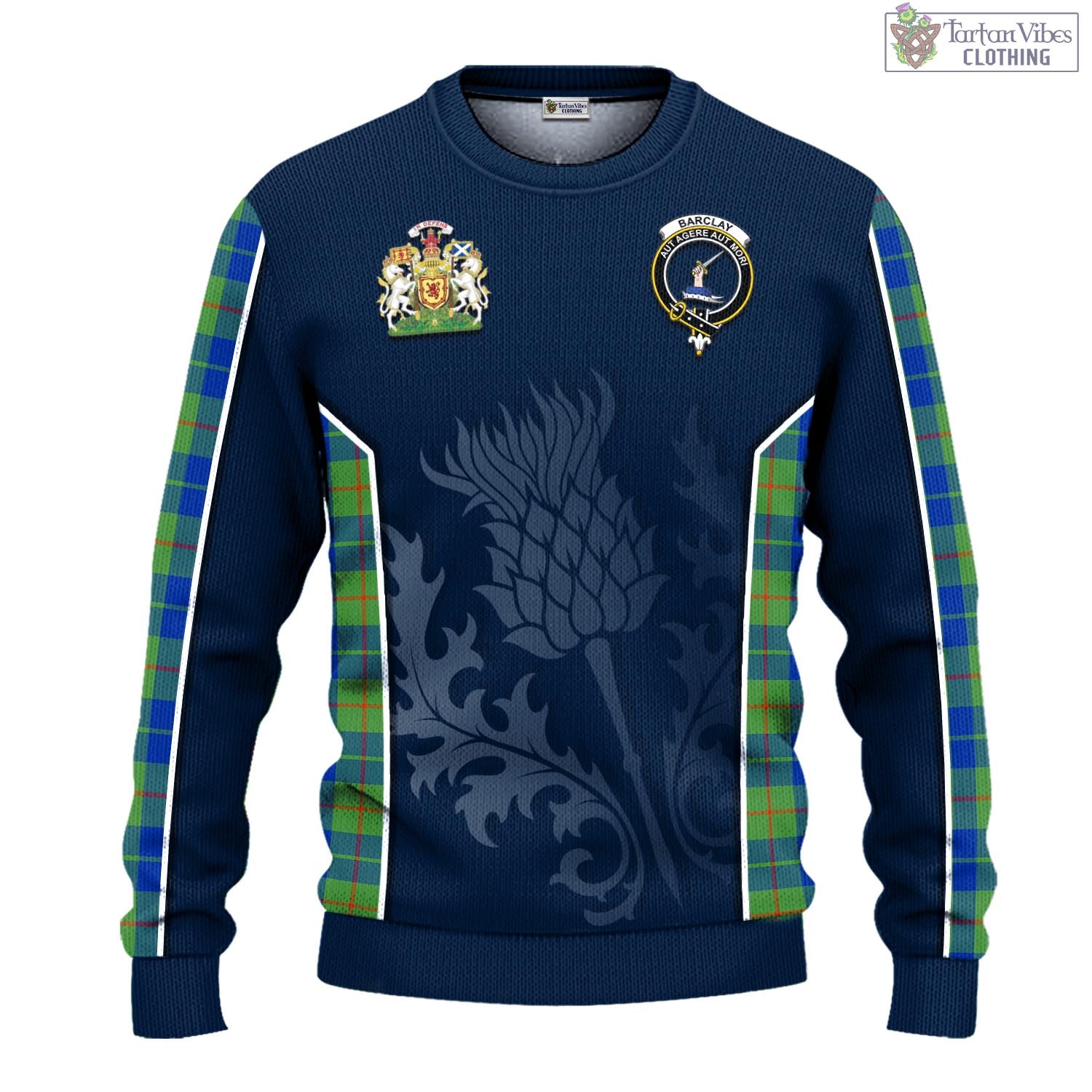 Tartan Vibes Clothing Barclay Hunting Ancient Tartan Knitted Sweatshirt with Family Crest and Scottish Thistle Vibes Sport Style