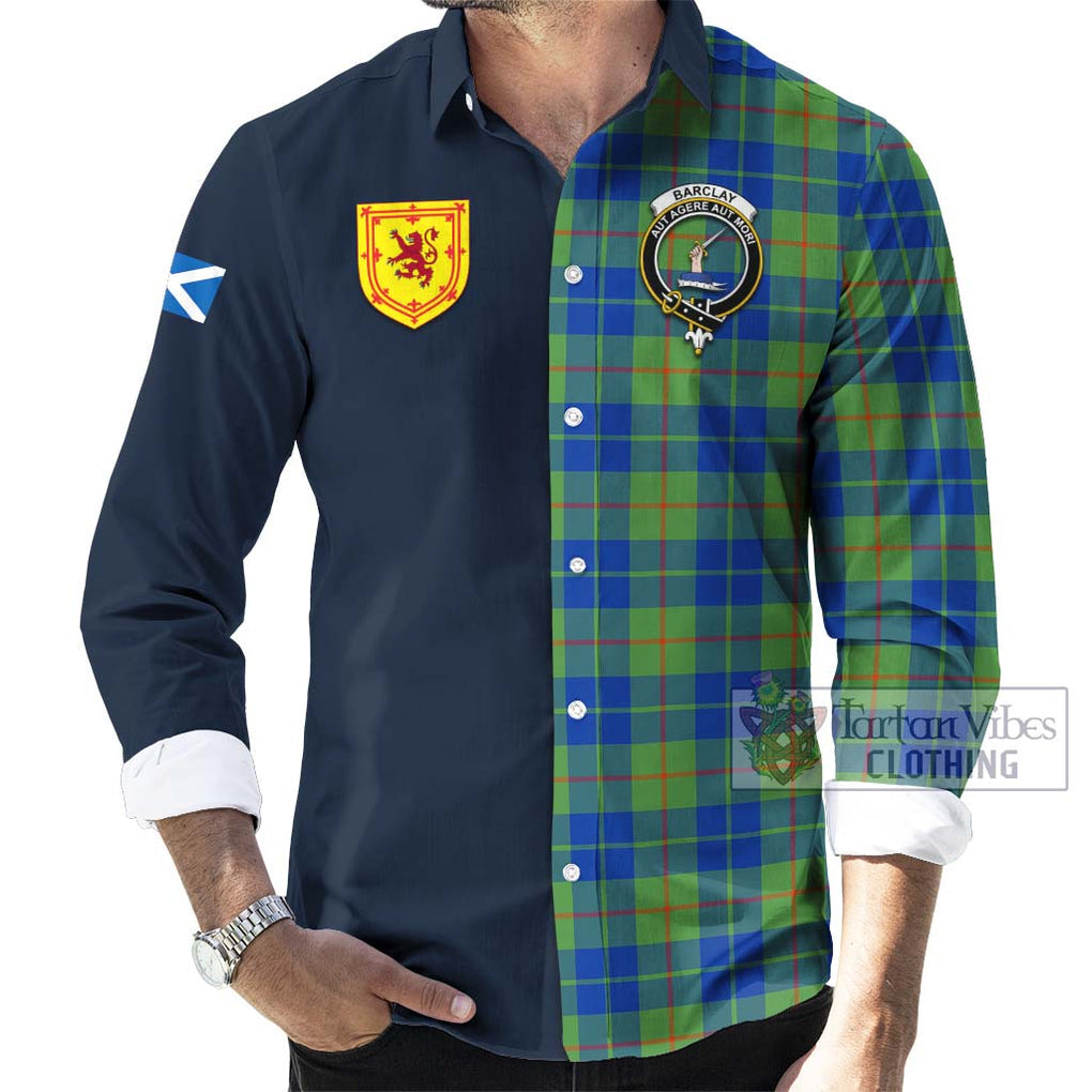 Tartan Vibes Clothing Barclay Hunting Ancient Tartan Long Sleeve Button Shirt with Scottish Lion Royal Arm Half Style