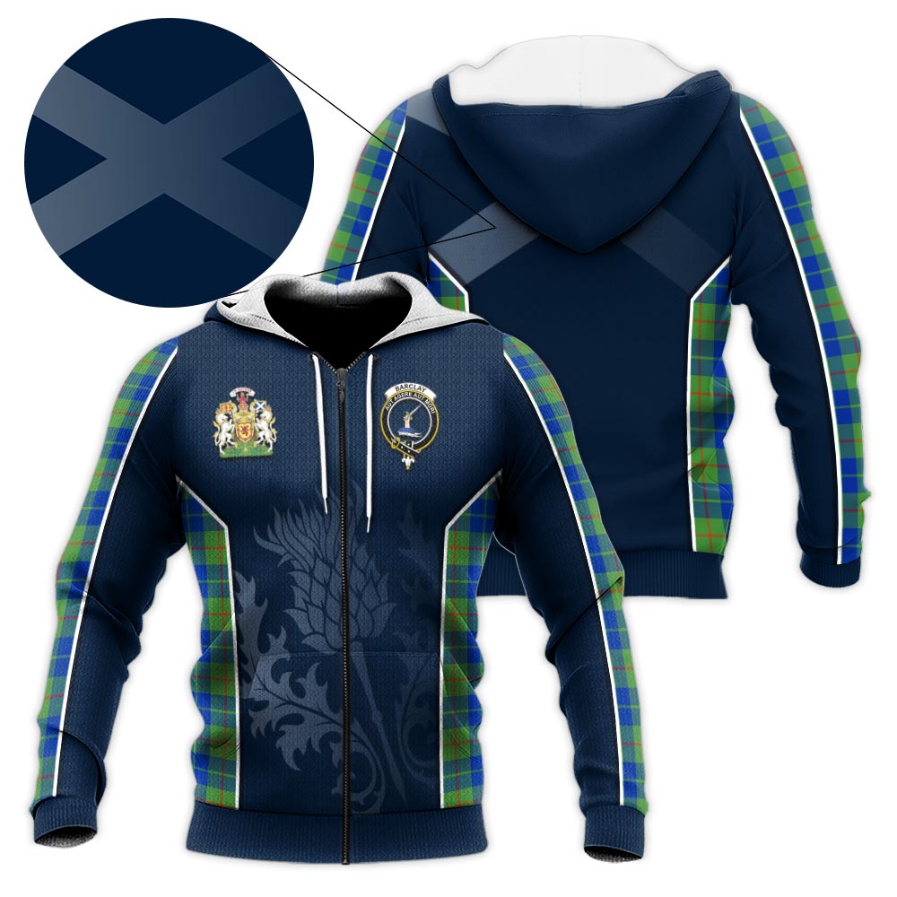 Tartan Vibes Clothing Barclay Hunting Ancient Tartan Knitted Hoodie with Family Crest and Scottish Thistle Vibes Sport Style